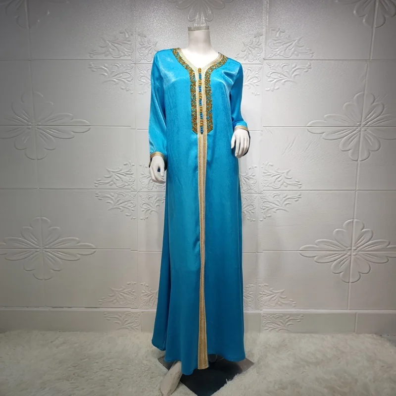 Fashion Muslim Dress Abaya Jalabiya For Women Summer Middle East Turkey Arabic Dubai Moroccan Kaftan Diamond Ribbon Long Sleeve