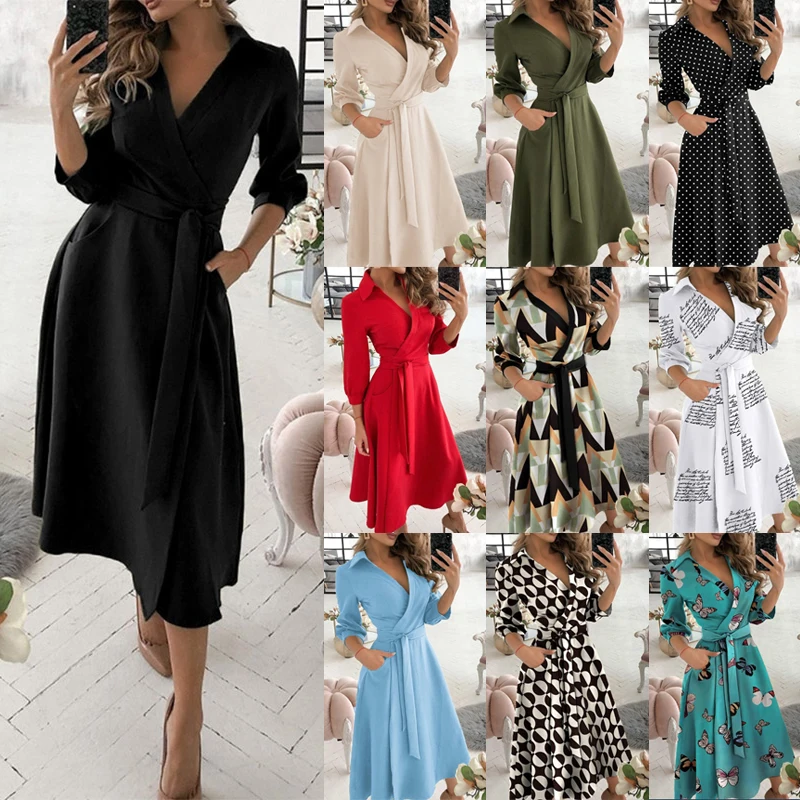 

New Fashion Deep V-Neck Long Dress Elegant Women Polka Dot Letter Long Sleeve Dress Sexy Lace-Up Belt Print Party Dress Vestido