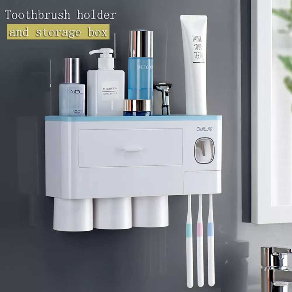 

Toothbrush Holder Automatic Toothpaste Dispenser With Cup Wall Mount Toiletries Storage Rack Bathroom Accessories Set