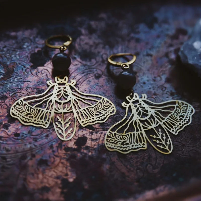 

Brass Butterfly Earrings, Black Onyx Crystal Stone Moth Earrings, Boho Earrings, Insect Aesthetic Jewelry Gifts for Women