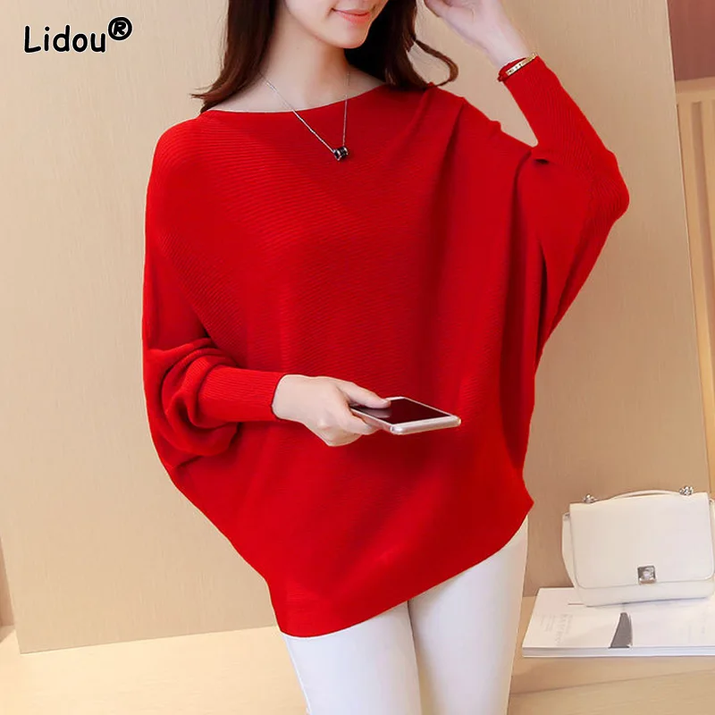

Multiple Colour Casual Slash Neck Pullovers Batwing Sleeve Thick Medium Strech Women's Clothing Autumn Winter Loose Sweaters