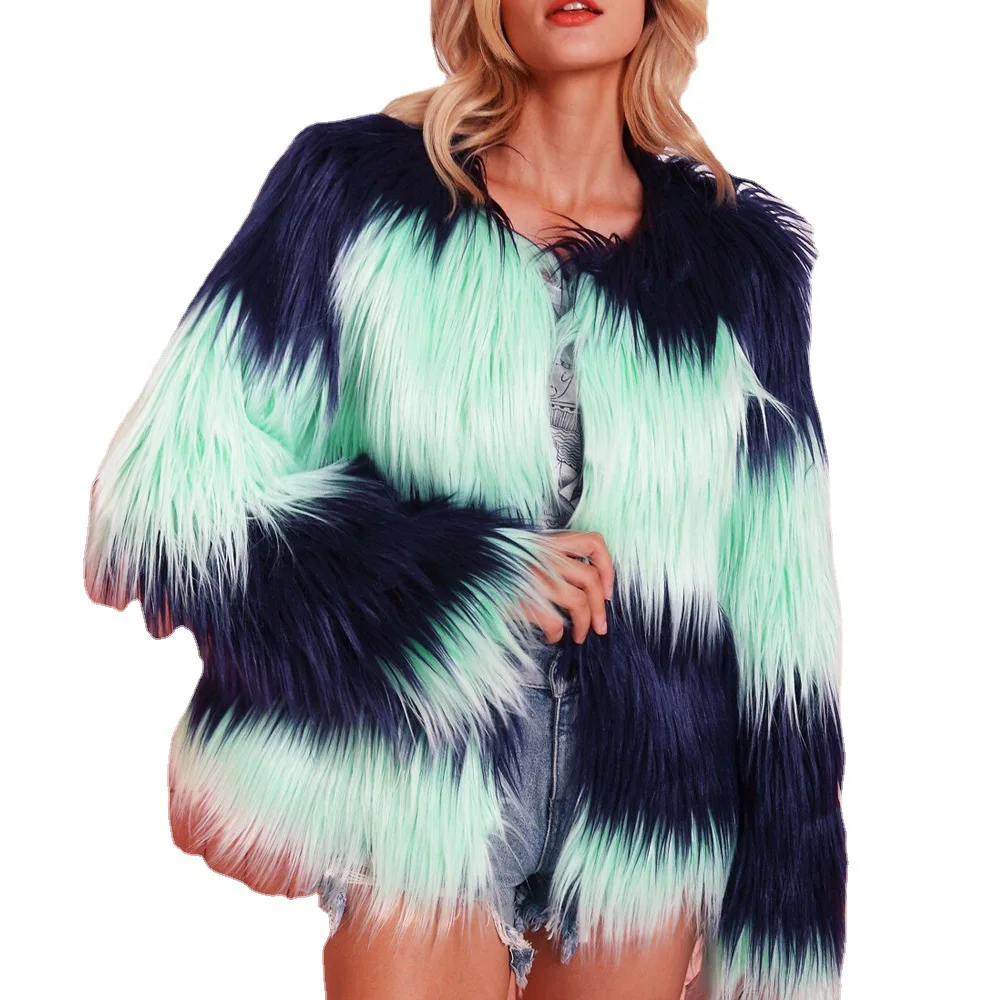 Women's Leather Fur Coat Fashion Imitation Fur Contrast Color Fall Winter Coat Women's Furry Coat Faux Fur Coat