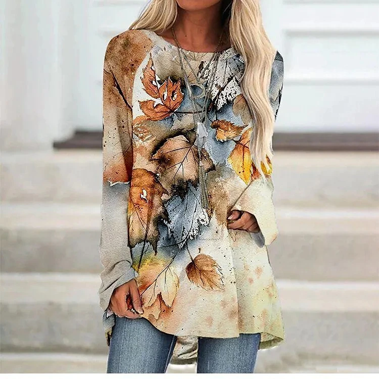 

Футболка женская с длинным рукавом, топ с принтом акварельных желтых листьев, уличная одежда для активного отдыха, свитшот с круглым вырезо...
