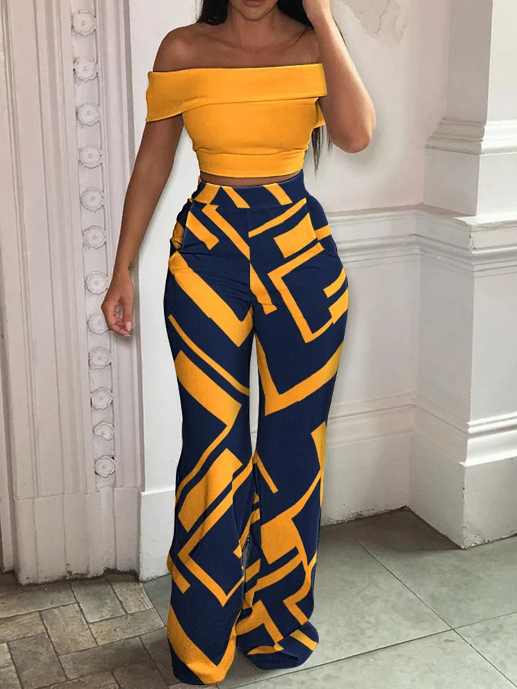 

Summer Sexy One Shoulder Two Piece Suits Ladies Backless Blouse and Wide Legged Trousers Sets Women Spring Casual Print Outfits