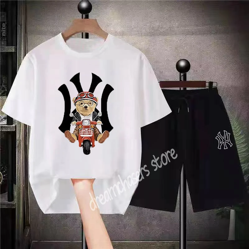 Korean Luxury Brand T-shirt Shorts Suit Men's Summer Oversized Clothing Fashion Sportswear Street Clothing Bear Anime Tee Suit