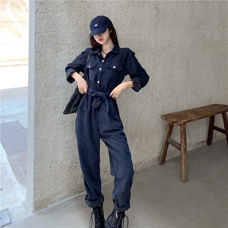 Women Autumn Loose Long Sleeve One Piece Straight Pants Corduroy Jumpsuits Winter Female Double Breasted Overalls Rompers New