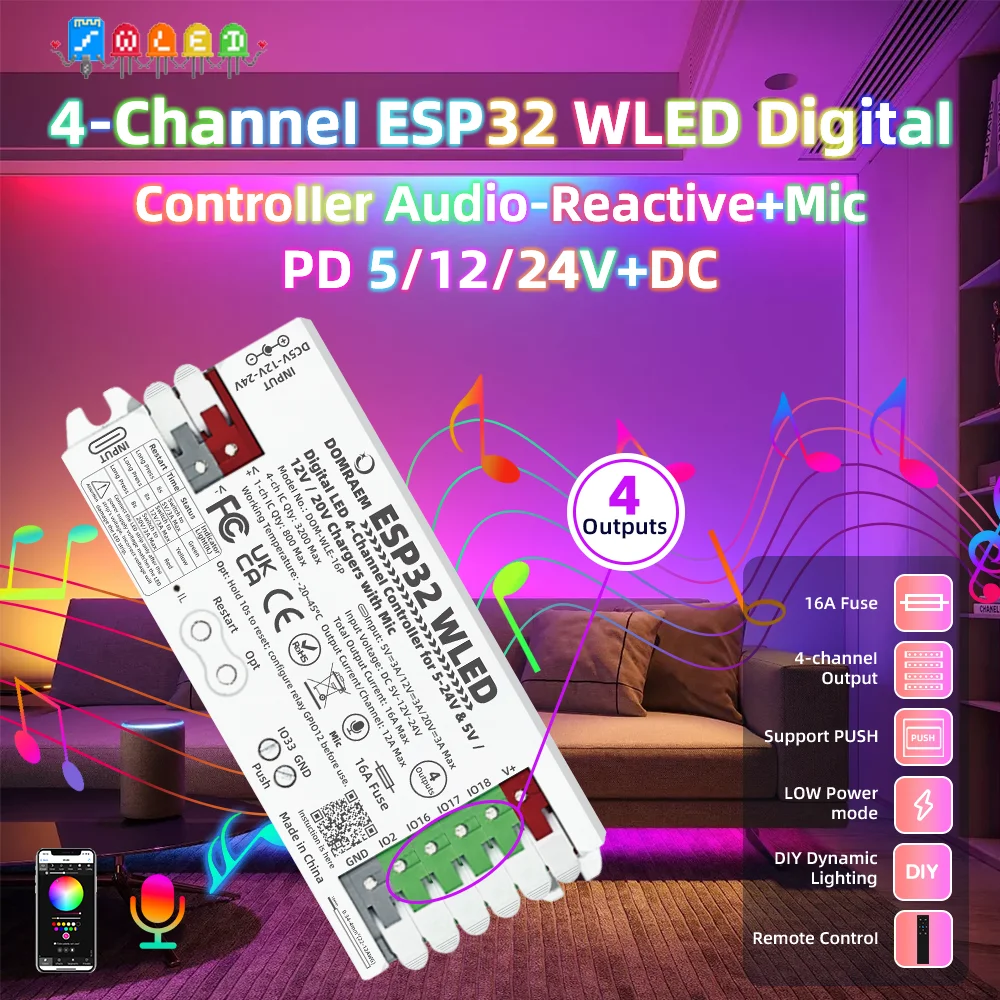 Фото Контроллер DOMRAEM ESP32 WLED, звуковой реактивный микрофон, 4 выхода, 16 А, предохранитель PD 5 В/12 В/20 В постоянного тока 5-24 В для WS281X SK6812 APA102 Pixel Light №1