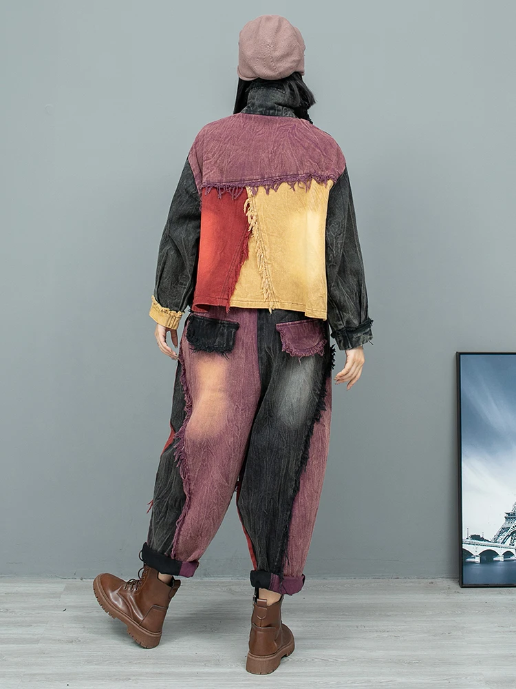 Индивидуальный Состаренный контрастный джинсовый жакет с прострочкой и длинным