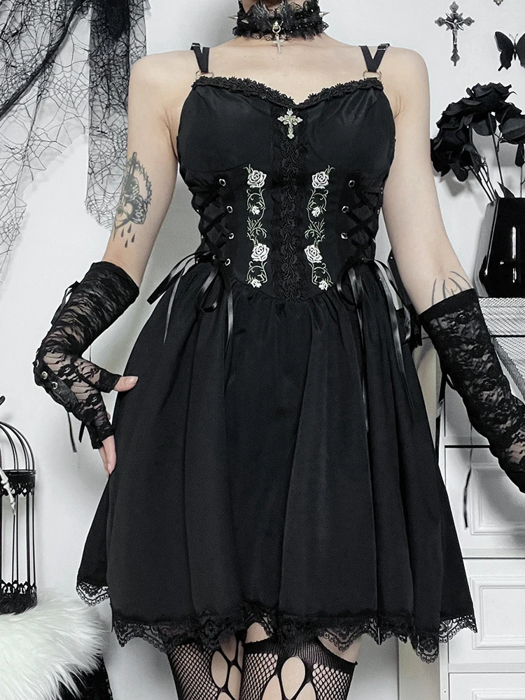 

InstaHot Gothic Sexy Black V Neck Lace Up Dress Y2K Aesthetic Grunge Punk High Waist Lace Trim Corset Dresses Ladies Party Dress