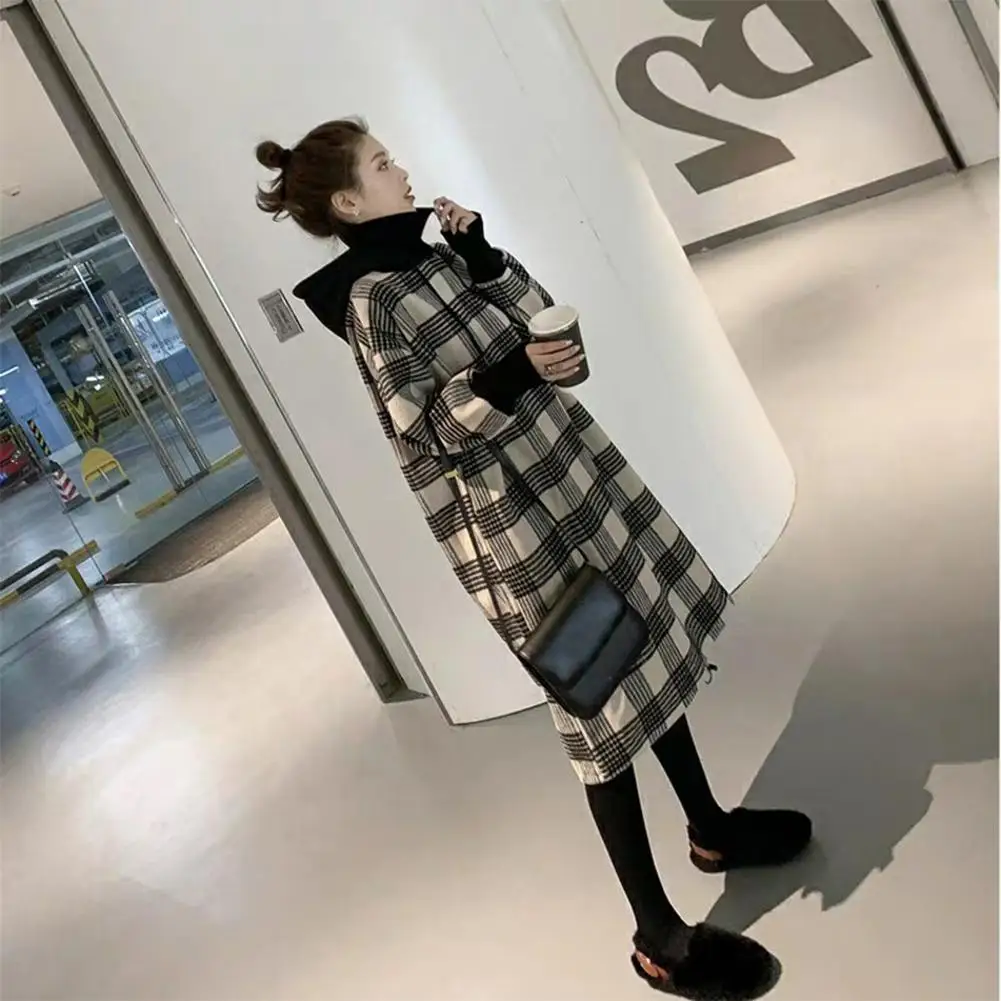 

Durable Plaid Sweatshirt Dress Wear-resistant Women Plaid Sweatshirt Dress High Neck Long Sleeve Loose Hooded Clothing