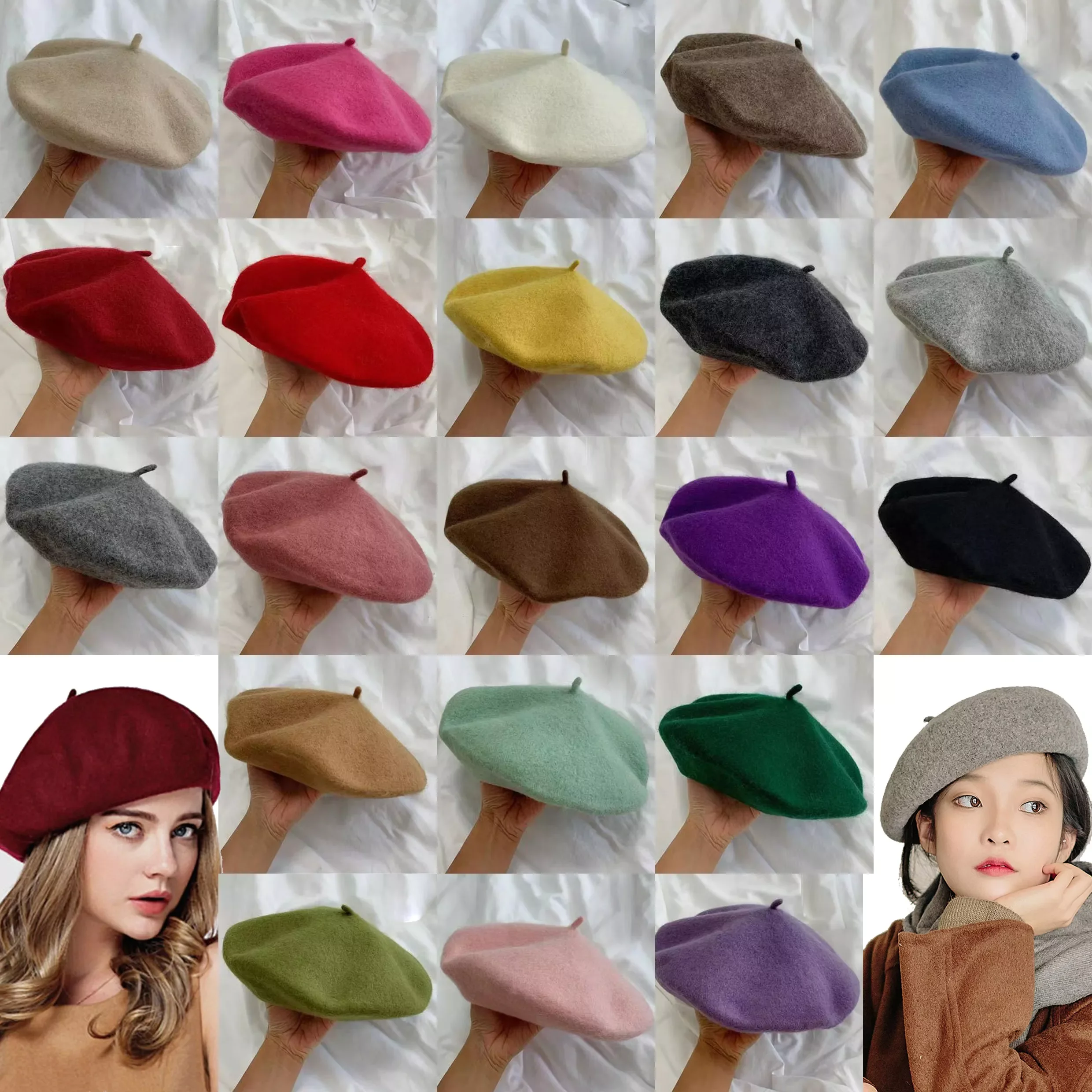 

French Beret Hats for Women Street Berets Plain Caps Wool Warm Femme Girl's Beanie Solid Hat Cap Four Seasons Winter Spring