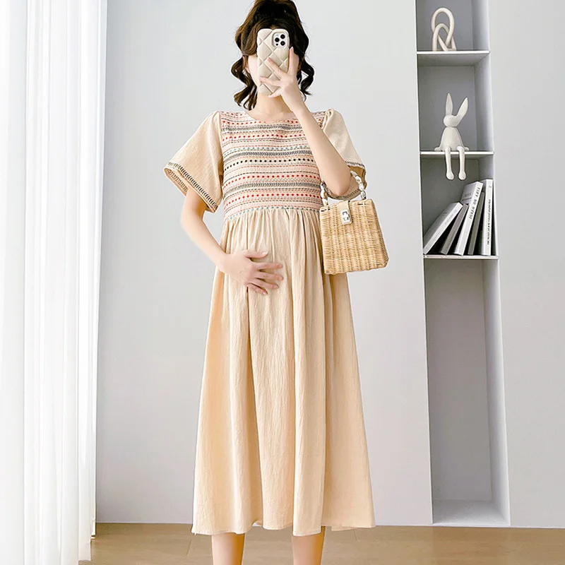 

CARECODE Summer Maternity Embroidery Dress Vintage Casual Short Sleeve Loose Pregnant Women Beach Dress Pregnancy Clothes