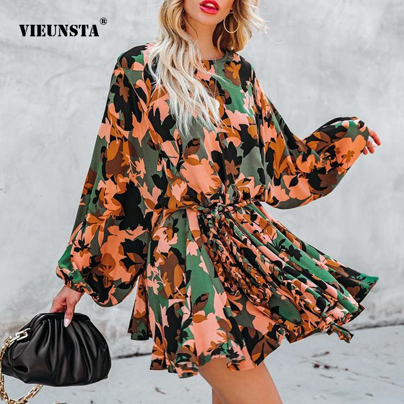 

Женское платье с длинным рукавом, элегантное приталенное платье асимметричного покроя с круглым вырезом и принтом листьев, модель XL в уличном стиле на лето, 2022