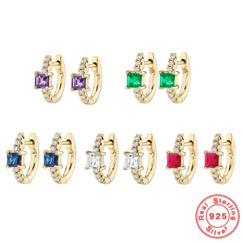 

Fashion 925 Sterling Silver Small Hoop Earrings for Women Simple Multicolor Square Zircon Female Fine Jewelry Accessories Gifts