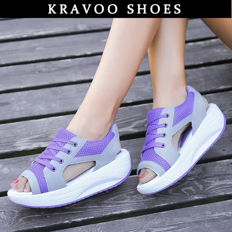 

KRAVOO Women Shoes Peep Toe Slip-on Mesh Purple Casual Sandals Soft Slippers Women Platform Wedges Sports Sandal Summer 2023