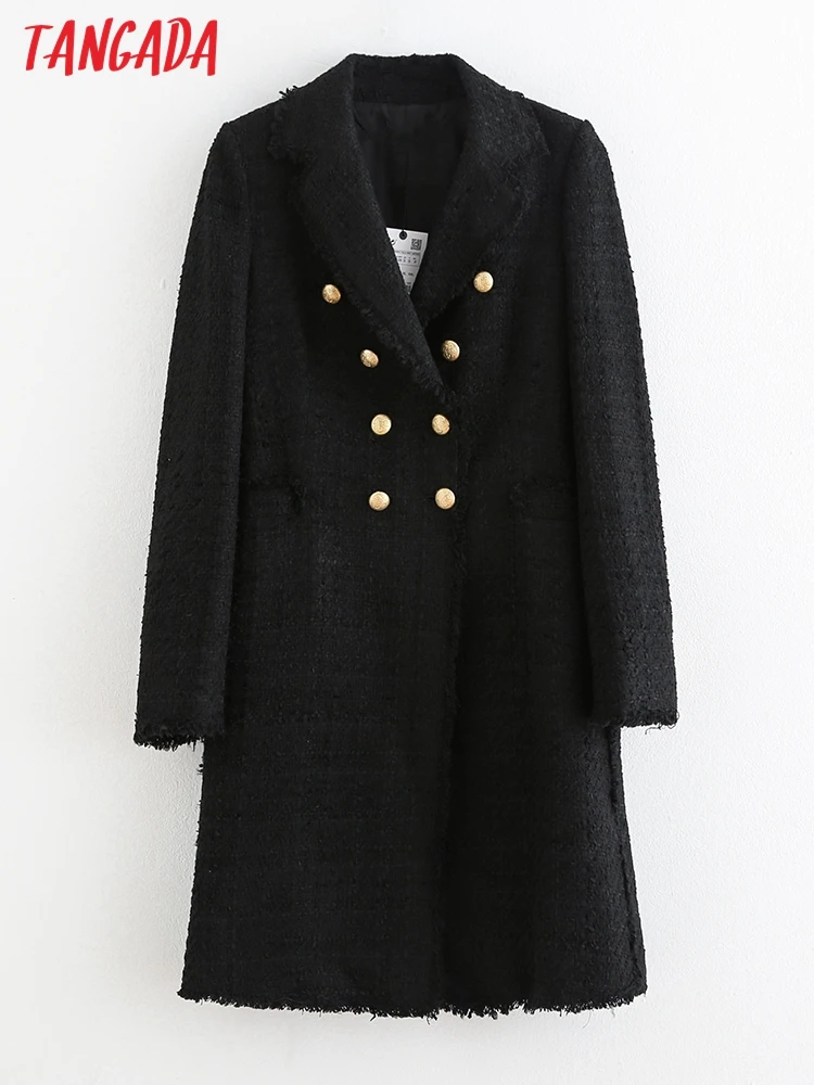 

Tangada 2022 Winter Women Black Tweed Coat Warm Thick Double Breasted Elegant Long Sleeve Coat Female Overcoat 6H140
