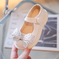 kids rhinestone cute bow girls round head fashion 2022 children versatile solid color exquisite princess party shoes spring new