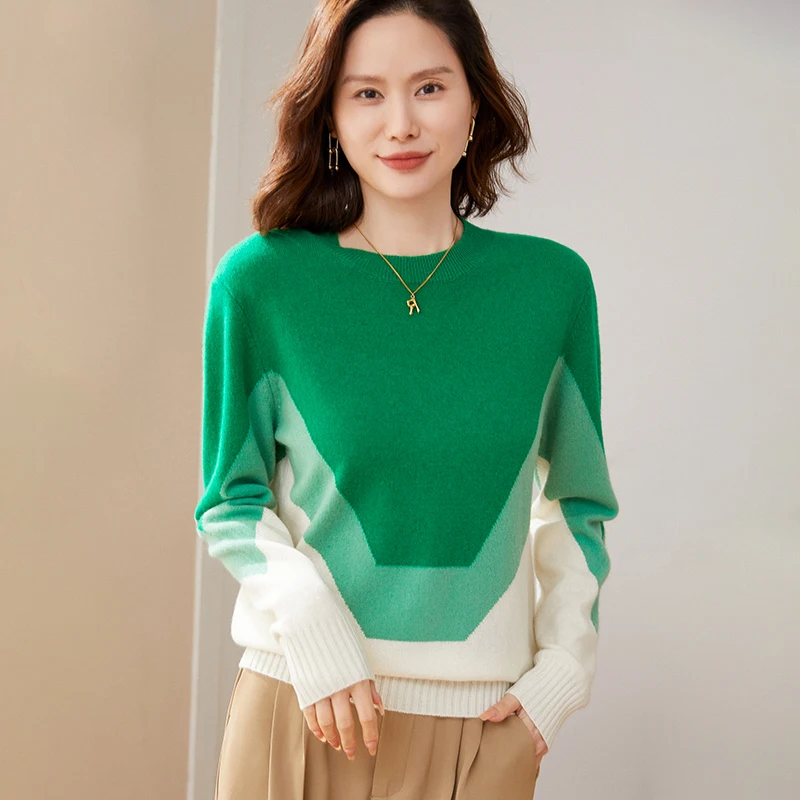 

100% Merino Wool Women's Clothing Round neck Tops Autumn and Winter New Gradient Pullover Casual Color Matching Fashion Sweate