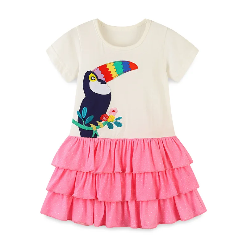 

ALISHINREY Summer New Princess Cotton Children's Clothing Short Sleeve Embroid Birds Dresses Kids for Girls Skirt