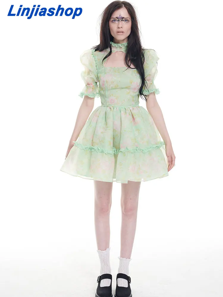 

2022 Princess Fresh Green Flower Organza Dress Splice Lace Hem Puff Sleeve Women Hollow Out Front Collar Mini Dresses Fairy Robe