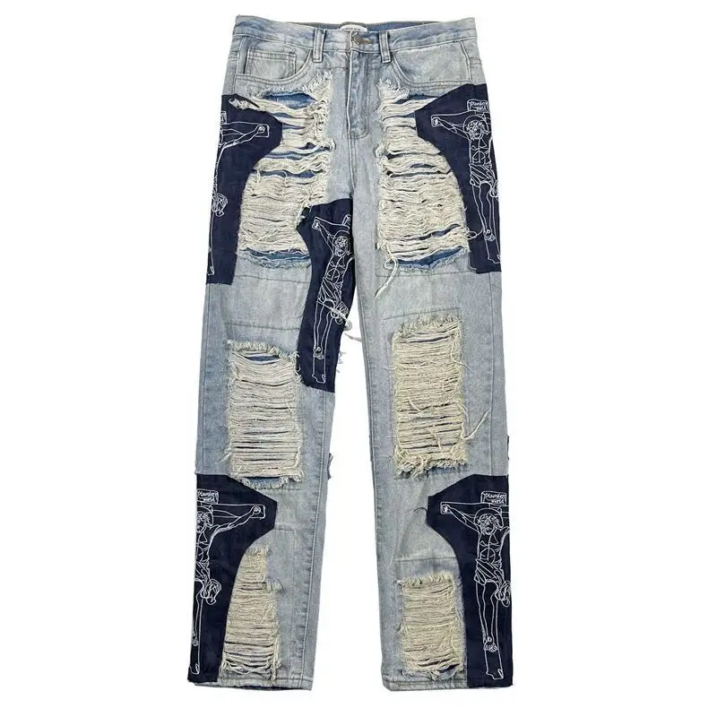 Spring Y2K Men's Vintage Ripped Jeans Clothes Fashion Trousers Cross Splicing Streetwear Straight Baggy Trousers Pants For Men