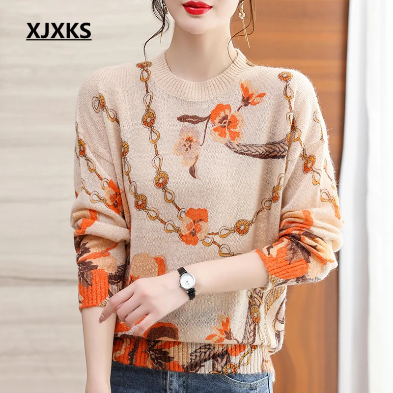 

XJXKS Round Neck Long Sleeve Printed Sweater Women's Pullover 2022 Autumn And Winter Latest Wool Knitted Top Female Jumper