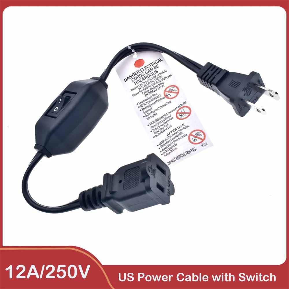 2-зубчатый удлинитель с поляризованным штекером, 12 А, 125 В, с выключателем, розетка стандарта США, шнур питания для зарядных устройств/ламп