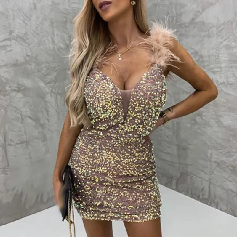 

Ladies Fashion Backless Sequin Party Dress Sexy Feather Straps Banquet Dresses Women Elegant V-Neck Bodycon Mini Dress Vestidos