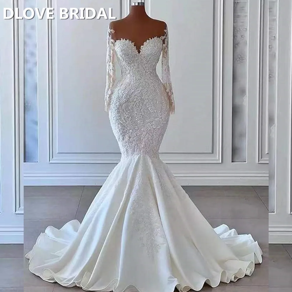 

Long Sleeves Mermaid Wedding Dress Beaded Lace Bridal Gown Custom Made Satin Sweetheart Bride Robe de Mariee