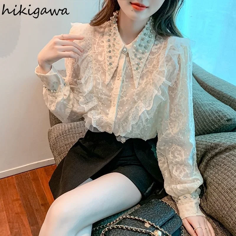

Korean Women Shirts Temperament Ladies Tops Chic Beading Diamond Blouses Long Sleeve Sweet Ruffles Vintage Shirt Blusas De Mujer