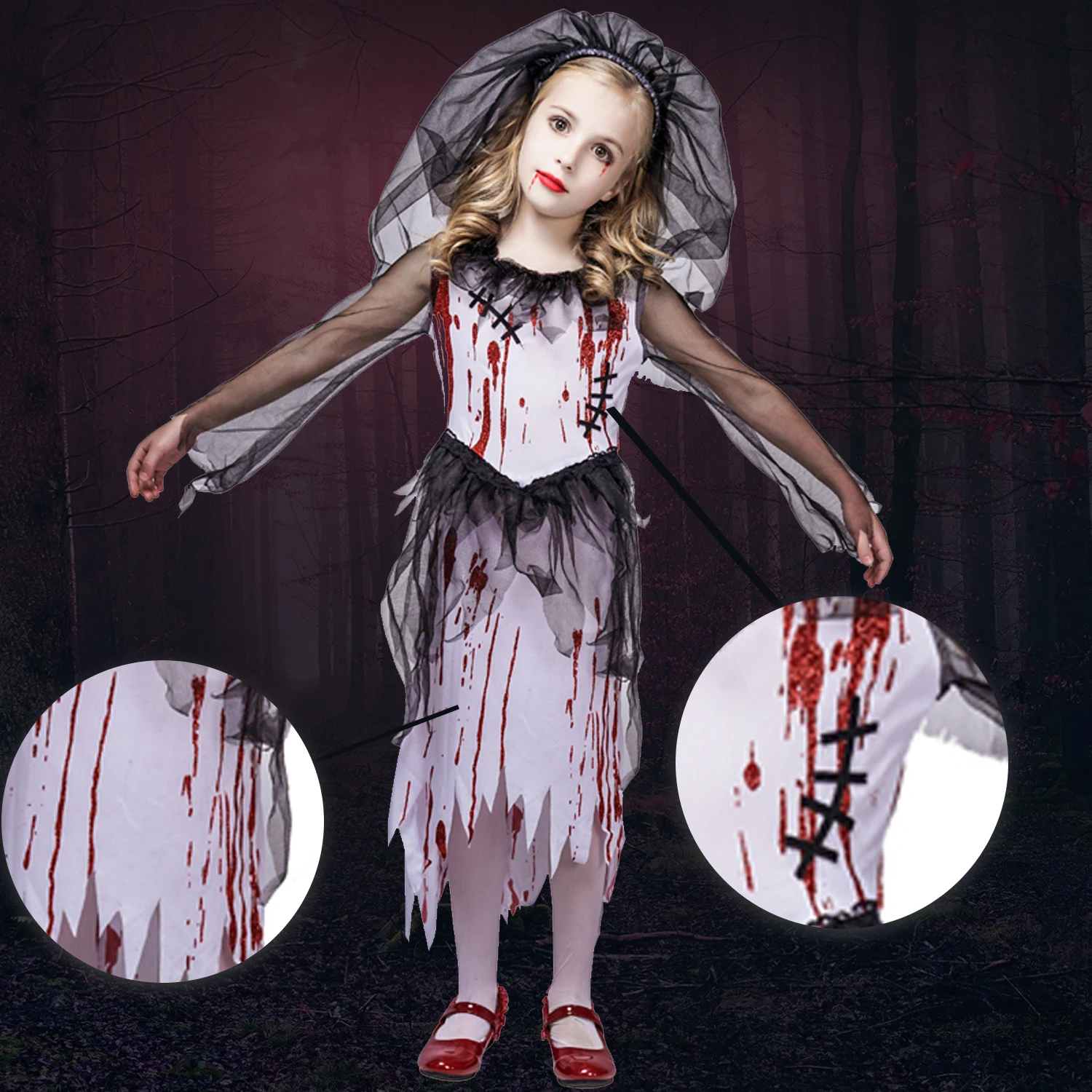 

Kids Bloody Bride Fancy Dress Cosplay Costume Death Ghost Girl Role Play Purim Party For Children
