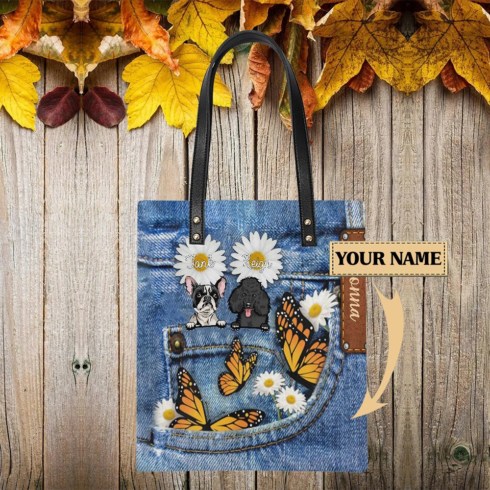 

Большая женская сумка-тоут из денима с принтом французского бульдога и пуделя, роскошная кожаная дизайнерская сумка, Женская Повседневная ...