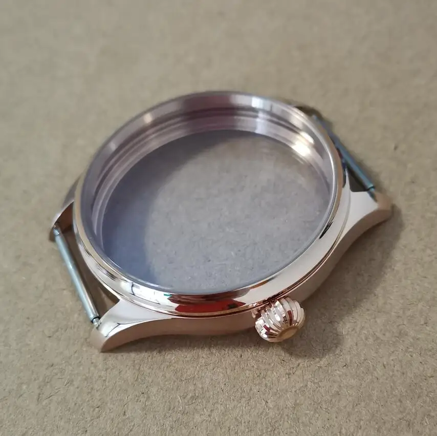 

41mm 316L Stainless steel Rose gold watch case Pumpkin shape crown Blue coated mineral glass Suitable for ETA6497 6498