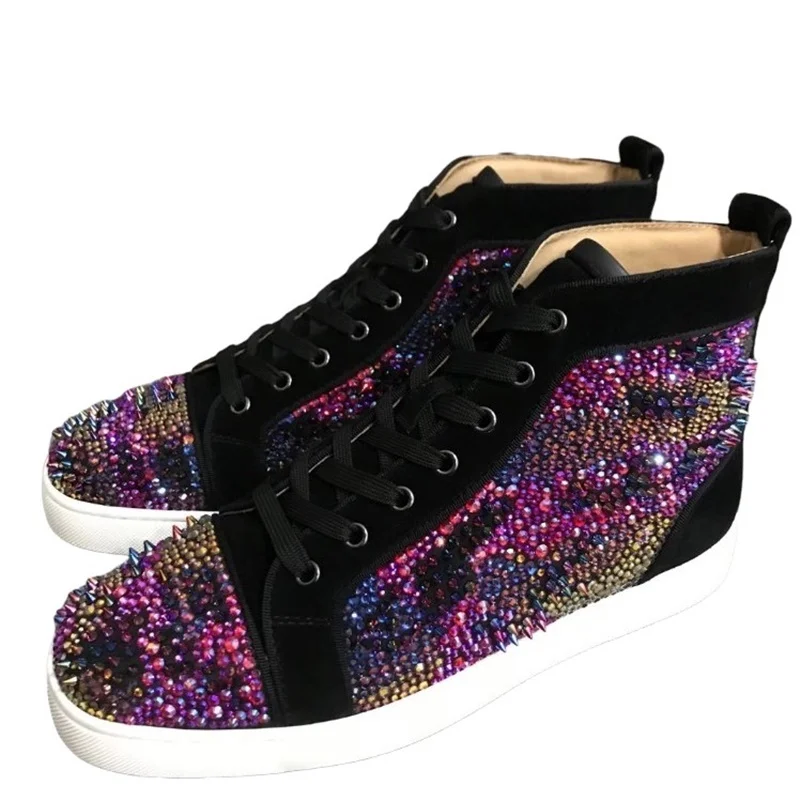 

LOUBUTEN Designer Cow Suede Red Bottom Shoes For Men Loafers Leather Casual Shoes Luxury Crystal Spikes High Top Sneakers