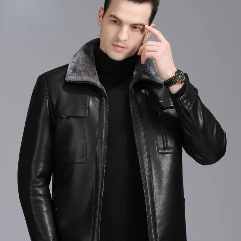 

Leather Overcoat New Male Middle-aged Dad with Wool Parkas Thick Winter Jacket Lapel Large Size Outwear Plush Sheepskin Coat