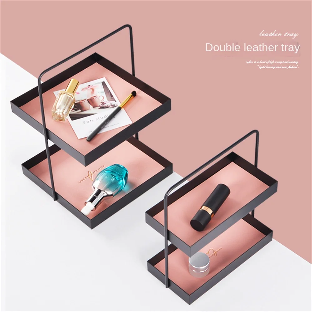 

Creative Metal Storage Tray With Double Layers Odorless Double Leather Pad Metal Tray Nontoxic Wholesale Cosmetics Storage Rack