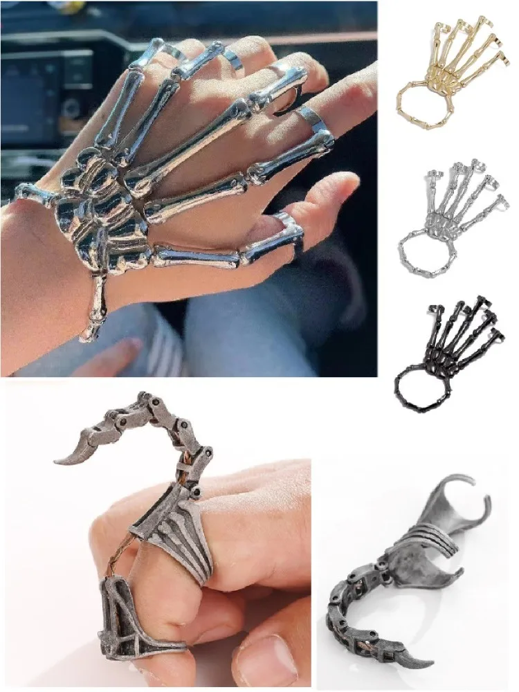 

Punk Skeleton Hand Bone Versatile Five Finger Ring Bracelet Adjustable One Chain Scorpion Cool Halloween Jewelry New Party Decor