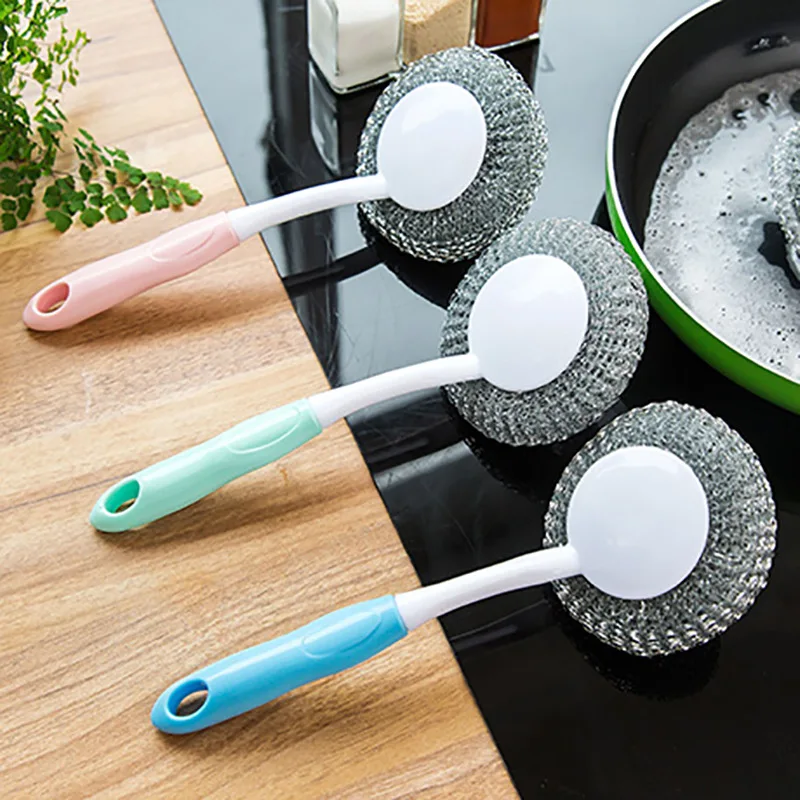 Kitchen Hangable Cleaning Brush Creative Long Handle Steel Ball Brush Degreasing Pot Brush Dishwashing Brush Detachable
