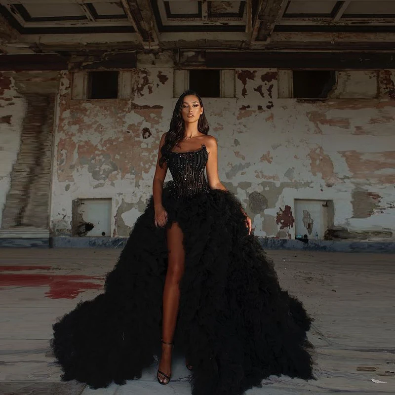 

Черный роскошный пушистый фатин с высоким разрезом и оборками, блестящие женские длинные элегантные фатиновые украшения