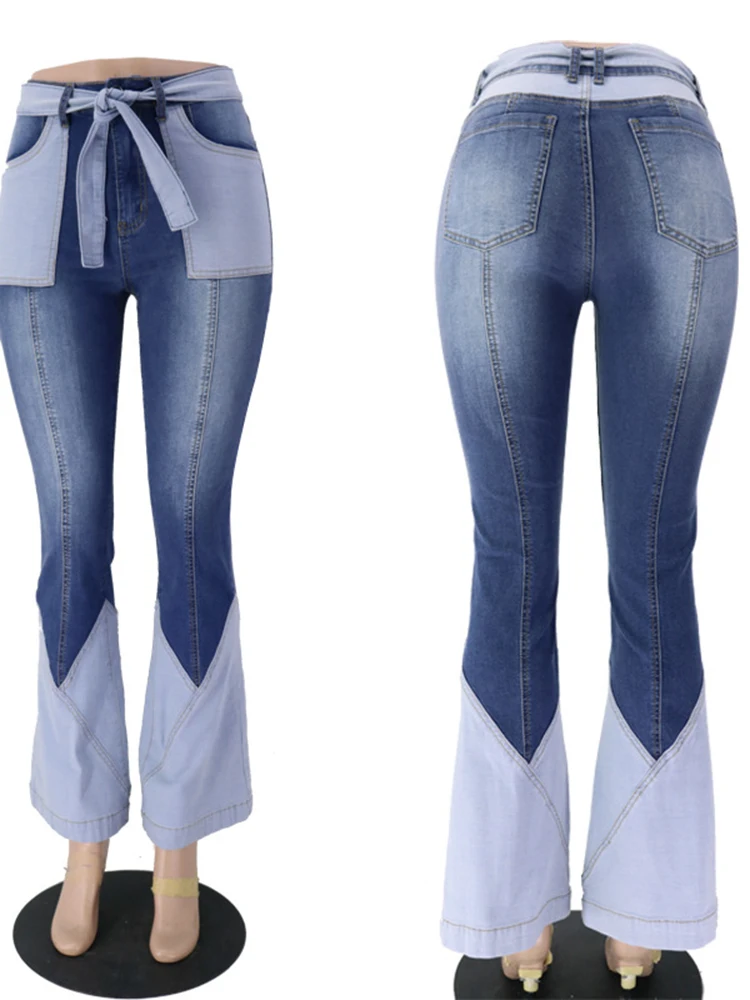 Stitching belt European and beautiful denim flared pants dropship retro high waist two-color denim jeans