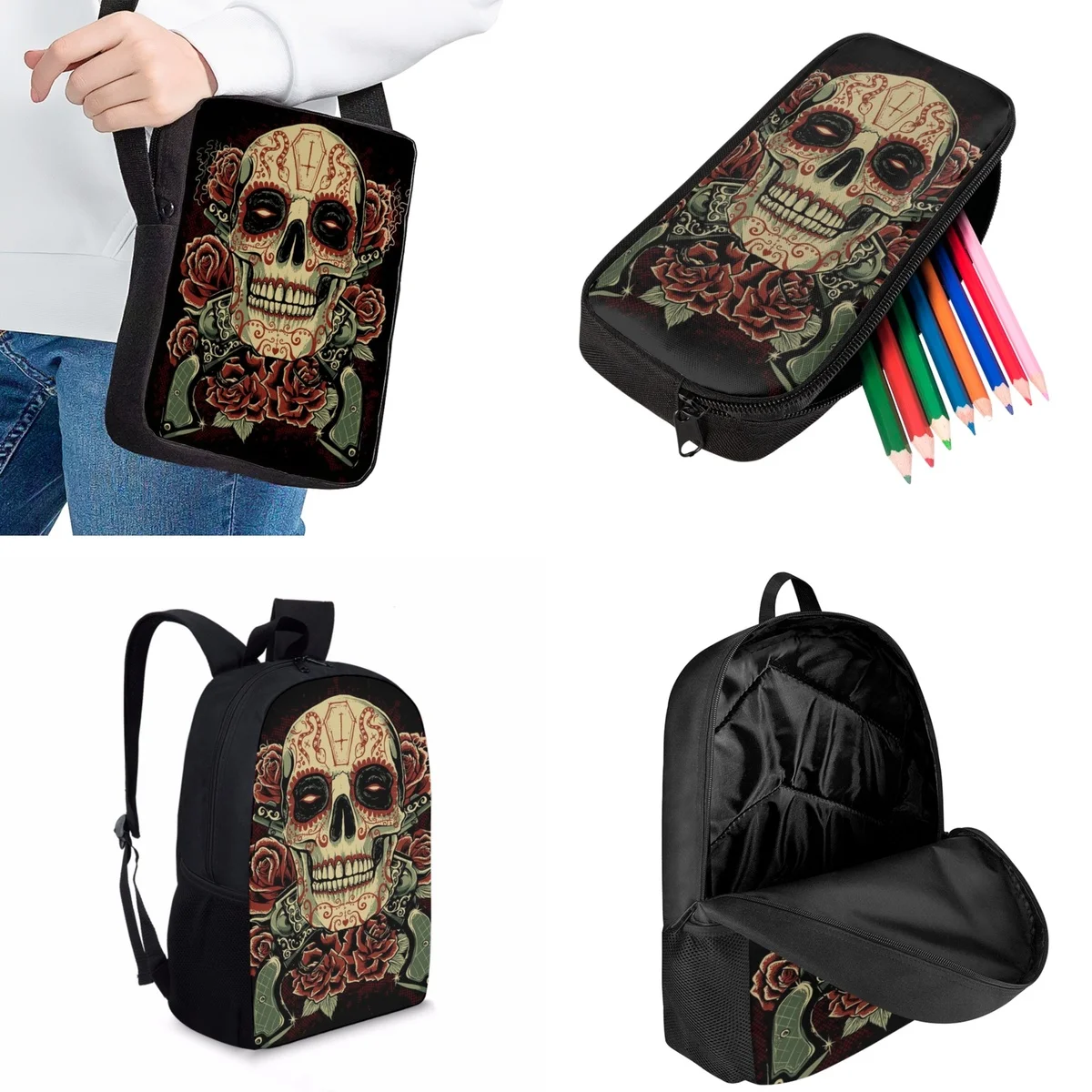 Jackherelook Skull Rose Cool Boys School Bags Set Fashion Trend Casual Backpack for Kids College Laptop Bag Youngster Bookbags
