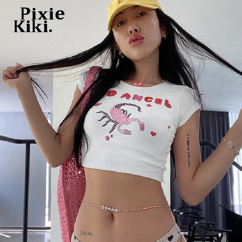 

Детская футболка PixieKiki Y2k, уличная одежда, лидер продаж, летние белые укороченные топы с рисунком животных, графические футболки с коротким р...
