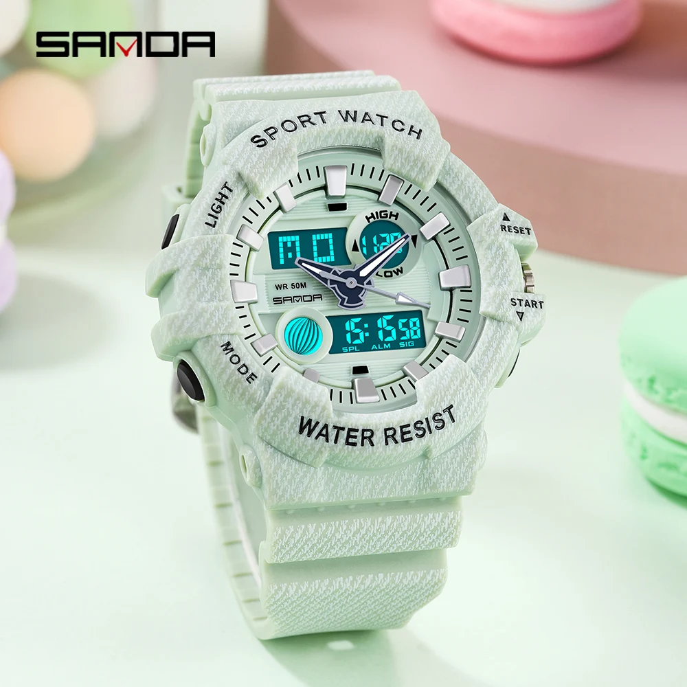 SANDA Outdoor Sports Chronograph Watch 2023 New Women Dual Display Watch Luminous HD LED Womens Watches 50M Waterproof 3038