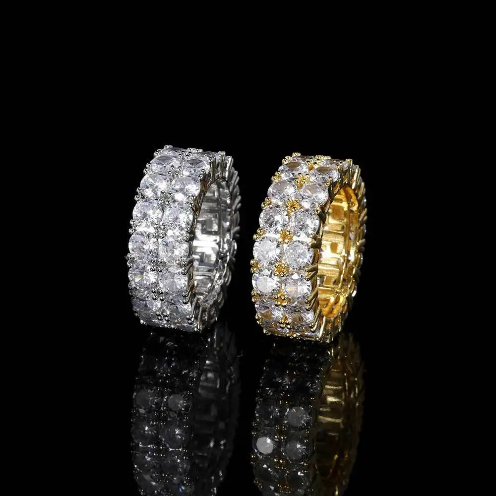 

Hip Hop Rapper Rock Fashion Jewelry Iced Out Diamond Gold Plated Double Row 3A CZ 8mm Ring For Men
