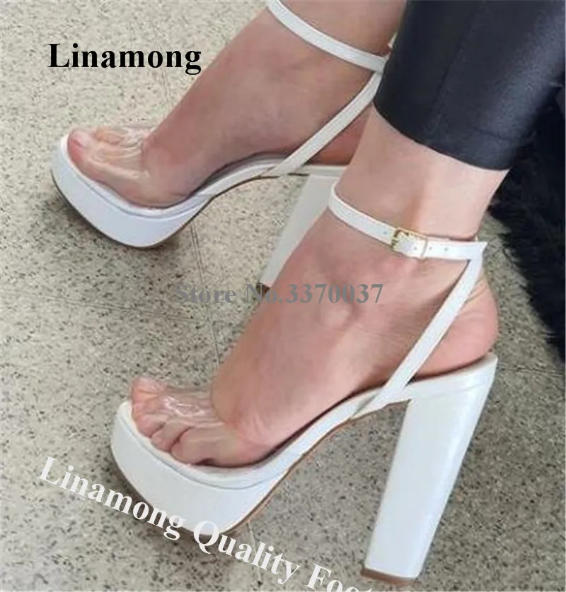 PVC Patchwork Chunky Heel Sandals Linamong Clear Transparent Peep Toe White Nude Black High Platform Wedding Heels Ankle Straps
