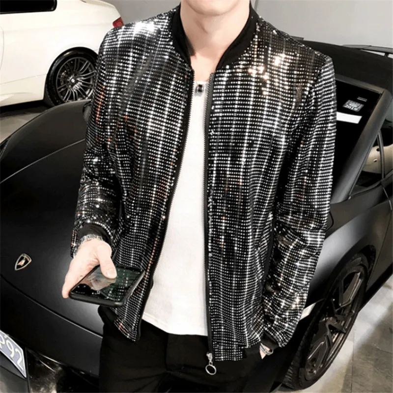 

Spring Bomber Sequined Jas Men Y2K Jacket New Long Sleeve Glitter Zipper Thin Coat Hip Hop Night Club Stage Streetwear Coats Man