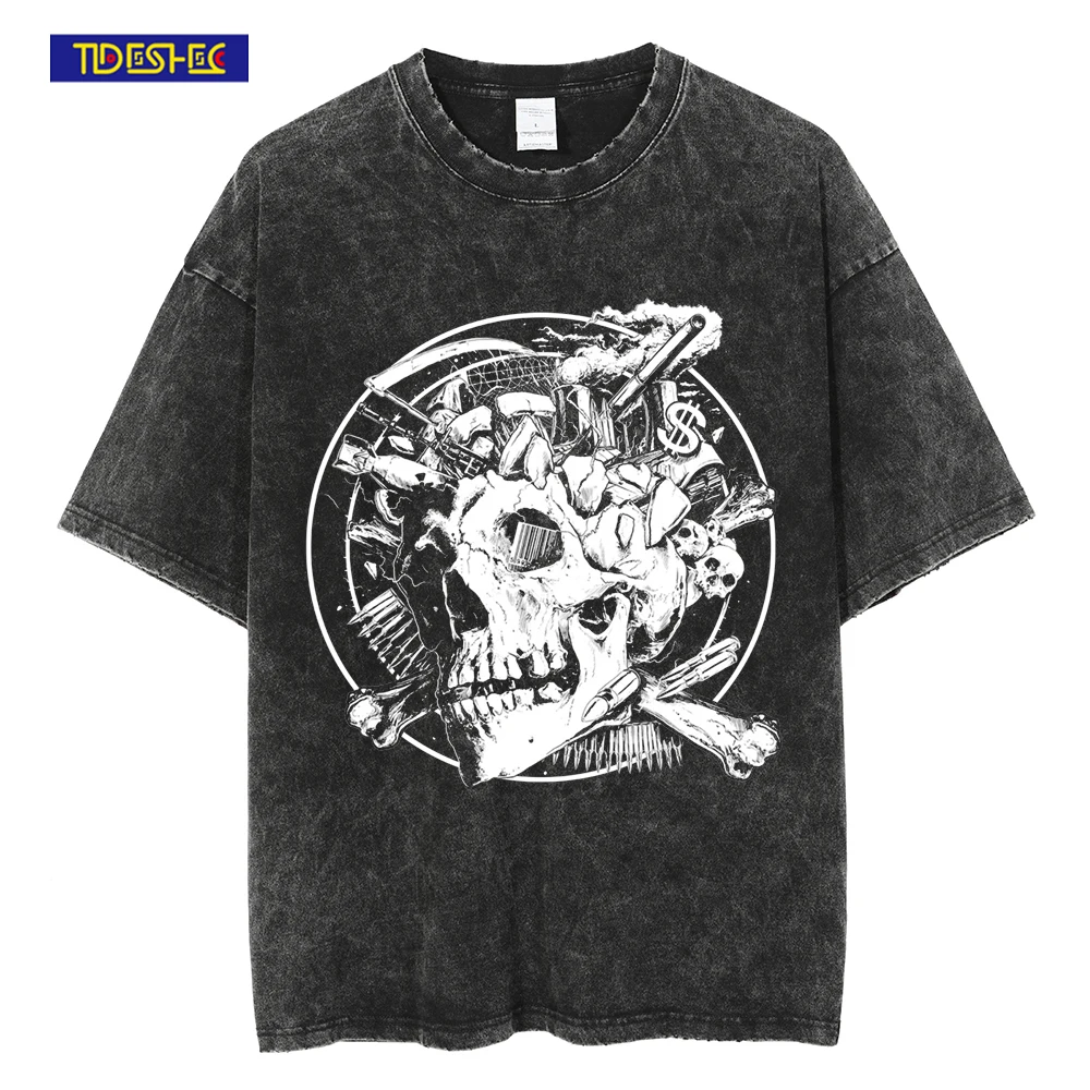 

2022 Men Hip Hop Streetwear Short Sleeve T Shirt Ripped Washed Tees Punk Rock T Shirt Cotton Skull Printed T Shirt Men's Fashion