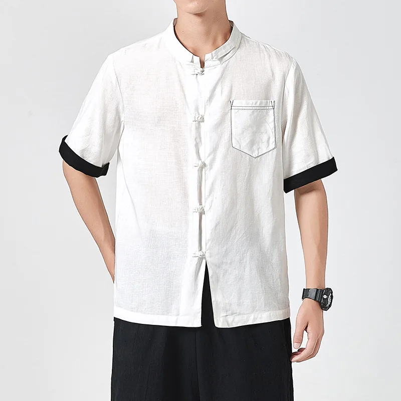 

3colors Men Short Sleeve T-shirt Summer Retro Cotton Linen Tops Chinese Style Shirts Tai Chi Kung Fu Coats Tang Casual Blouse