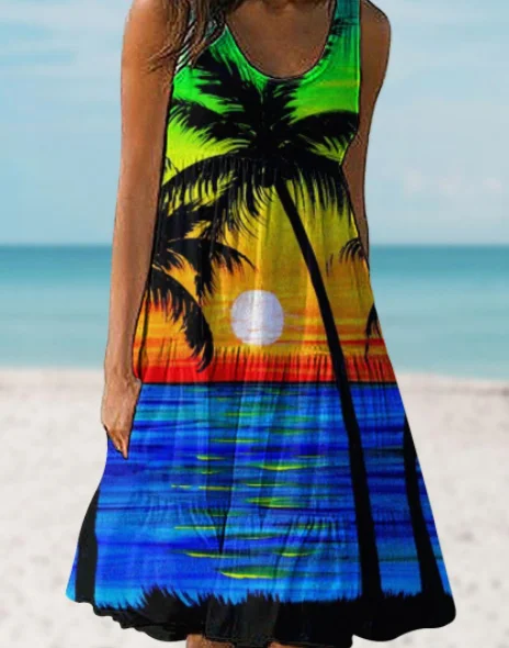 

Nature Print Women's Sexy Sling Beach Dress Elegant Summer Womens Fashion Outing Beach Midi Dress Beach Patry Dresses Sleeveless