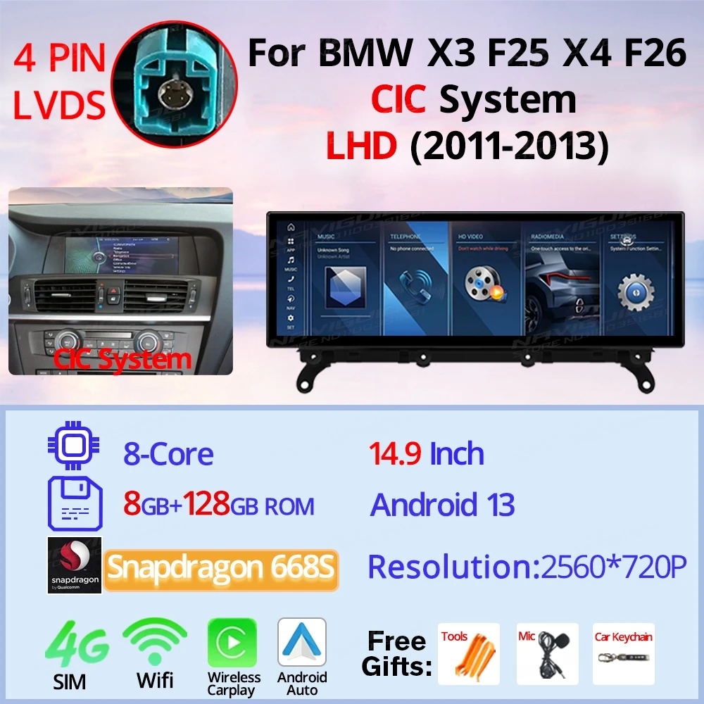 

NAVIGUIDE 14,9 ''Android 13 Автомобильный радиоприемник для BMW X3 F25 X4 F26 2011-2019 NBT Система Мультимедийный плеер Беспроводной Carplay Android Auto